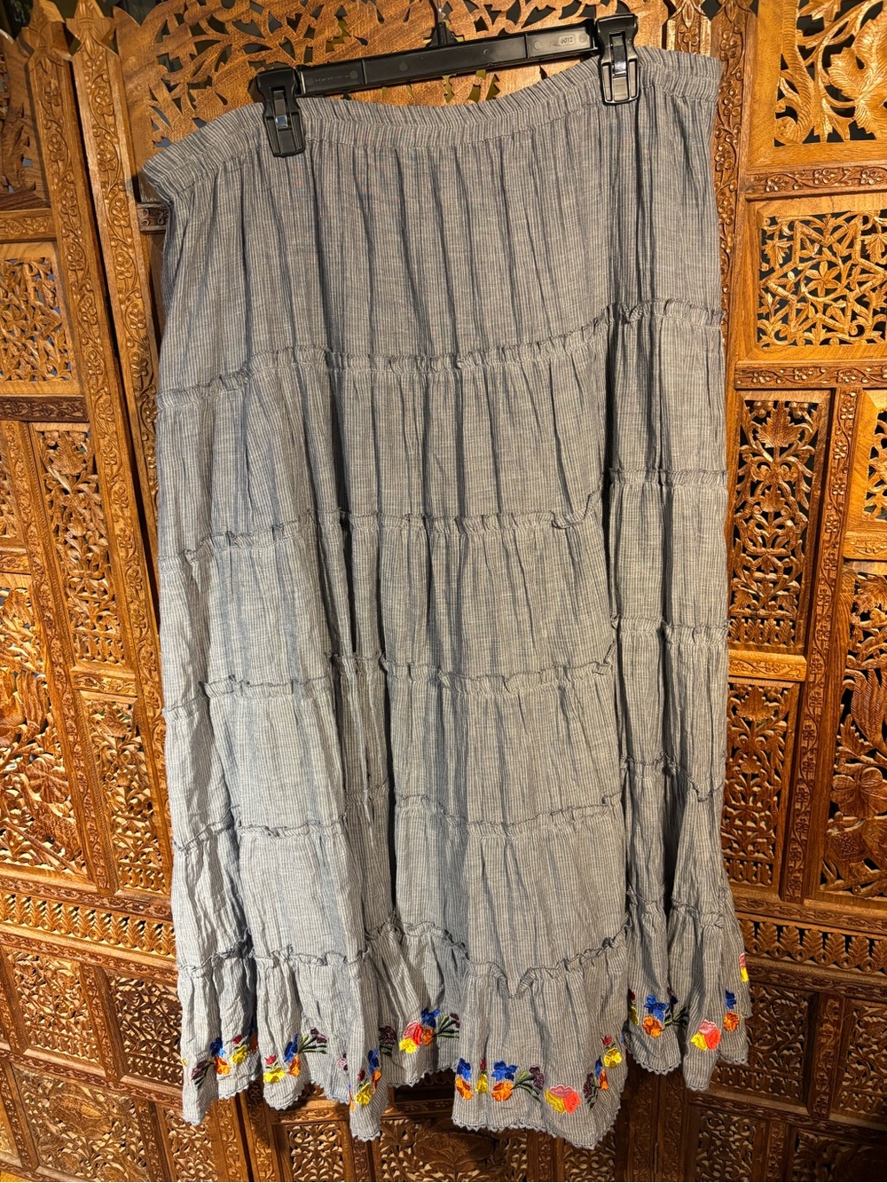 Women's Blue Tiered Maxi Skirt with Floral Embroidery
